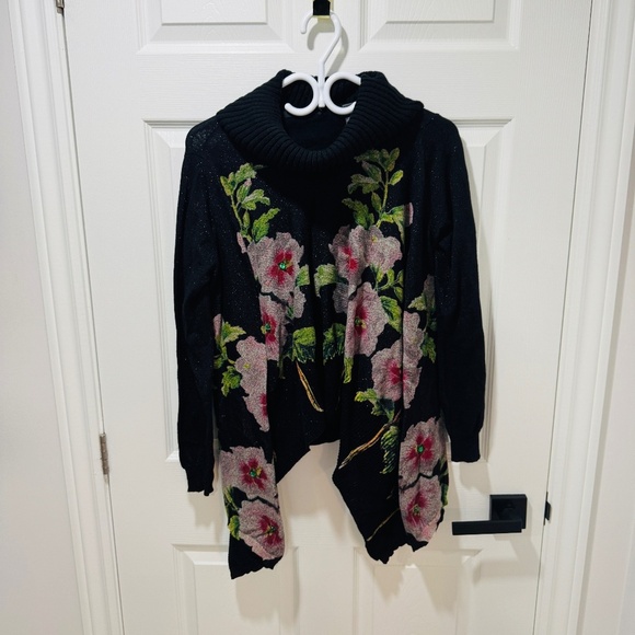 Desigual Sweaters - Desigual - Sparkly Sweater with Green Faux Gemstones, Floral Motifs, Size M